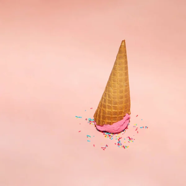 Pink Ice Cream Ball Cone Light Pastel Pink Background Creative — 스톡 사진