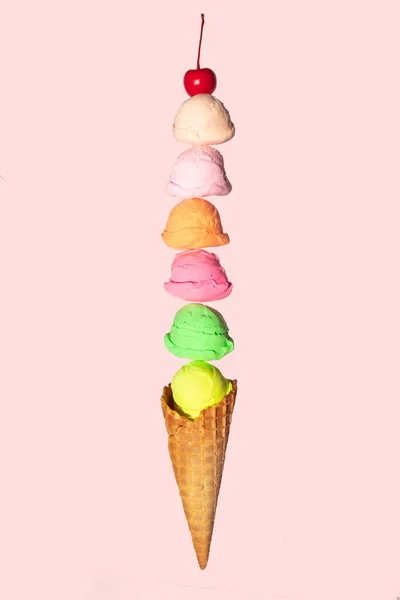 Pastel Ice Cream Balls Cherry Cone Light Pink Background Creative — Stock Photo, Image