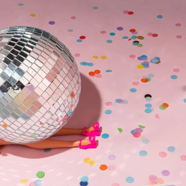 Shiny Disco Ball Colorful Confetti Pastel Light Pink Background Trendy ストックフォト