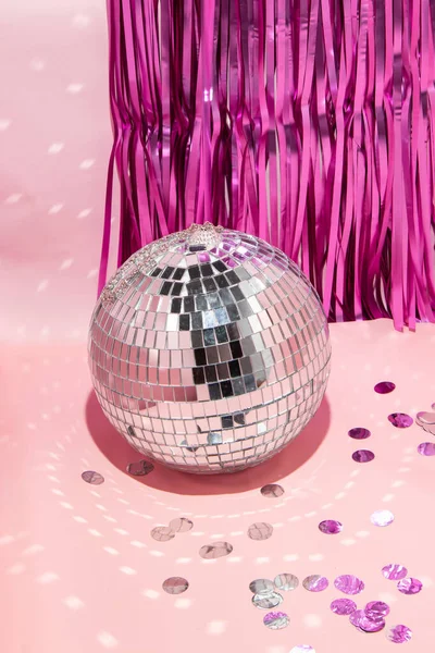Shiny Disco Ball Courtain Confetti Pastel Light Pink Background Trendy — Φωτογραφία Αρχείου