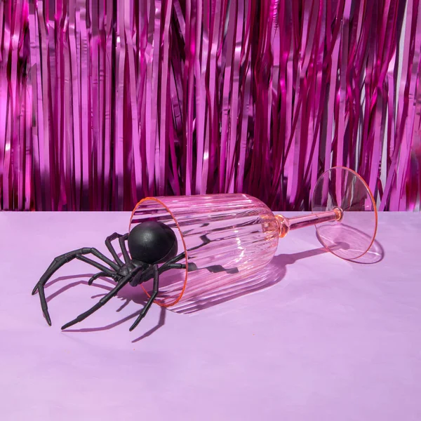 Halloween Holiday Concept Scary Spider Glass Pastel Purple Background Minimal — Φωτογραφία Αρχείου