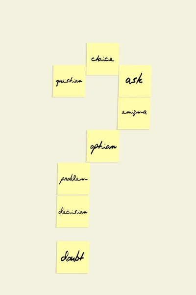 question mark made with sticky notes with messages on white background