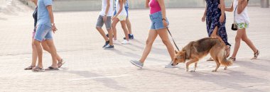 İnsanlar boş vakitlerinde yazın sokaklarda gezinip dururlar. Bacak manzarası. Panoramik.