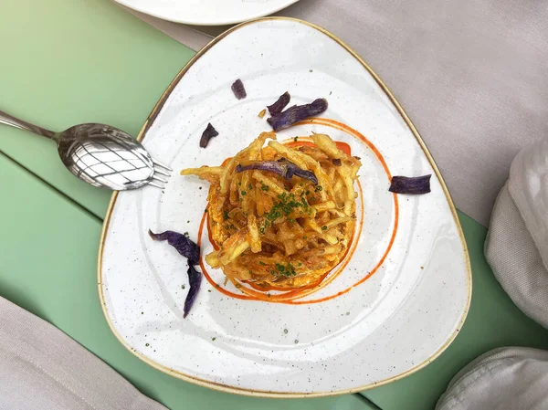 top view of fried egg dish in restaurant