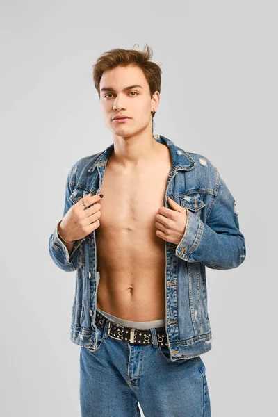 Young Man Denim Clothes Ober Naked Body — Stock Photo, Image