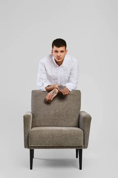 Full Length Studio Portrait Young Barefoot Man White Shirt Ivory — 图库照片