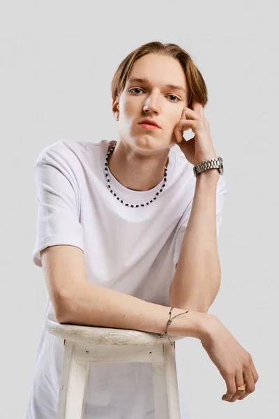Closeup Portrait Pensive Young Man White Shirt Grey Studio Background — 图库照片