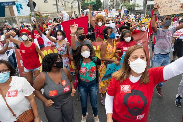 Salvador Bahia Brazília 2021 Július Védőmaszkot Viselő Emberek Tiltakozók Brazil — Stock Fotó