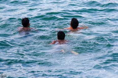 Salvador, Bahia, Brezilya - 13 Ocak 2016: Ribeira 'nın deniz suyunda yüzen üç genç adam. Salvador Bahia Brezilya.