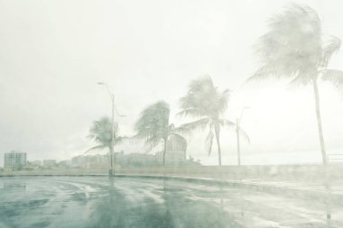 Islak cam, sokak manzaralı ev ve binaları olan bir araba. Salvador, Bahia, Brezilya.  