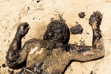 Adam Salvador 'daki Porto da Barra plajında Sarımsak ve Yağ' ın tiyatro performansını sergiliyor. Tamamen siyah boya, sarımsak ve yağla kaplı. Salvador Bahia Brezilya.