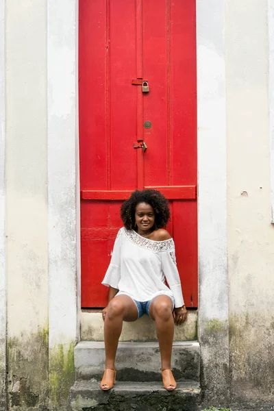 Mooi Model Poserend Voor Foto Straten Van Pelourinho Salvador Bahia — Stockfoto