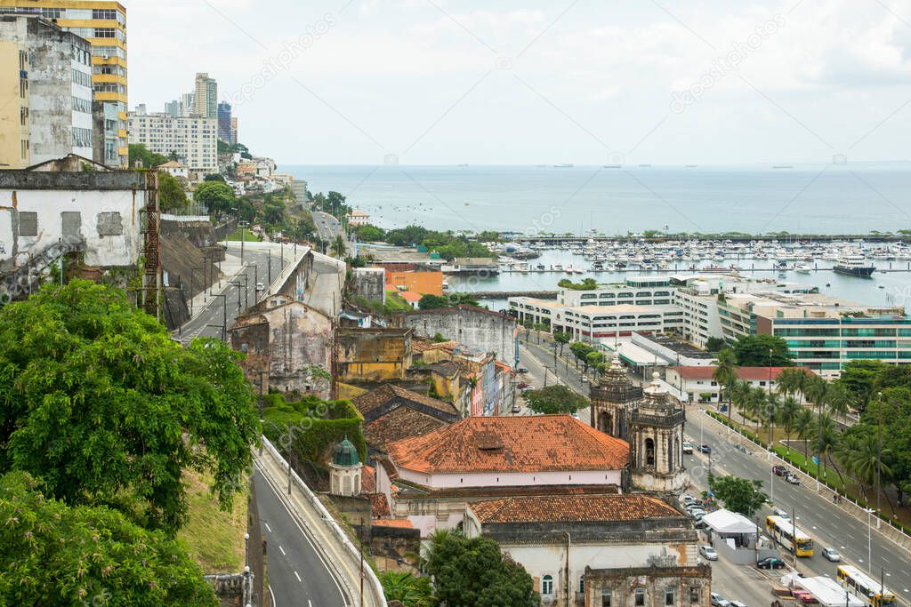 Salvador, Bahia, Brazil - December 04, 2016: Top view of the historic part of the city of Salvador with its old buildings. in the background the bay of all saints.