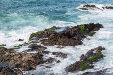 Sahildeki kayalarda okyanus dalgaları kırılıyor. Salvador, Bahia, Brezilya.
