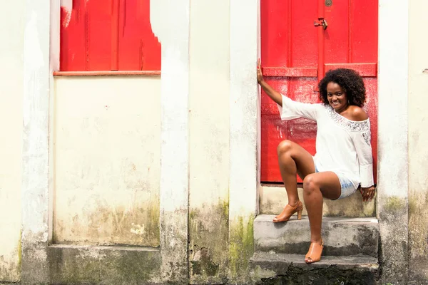 Bella Modella Posa Foto Strade Pelourinho Salvador Bahia Brasile — Foto Stock