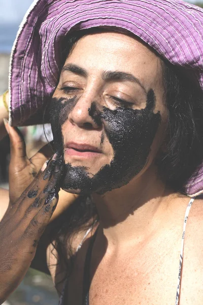 Close Woman Face Made Black Paint Acupe Bahia Brazil — Stock Photo, Image