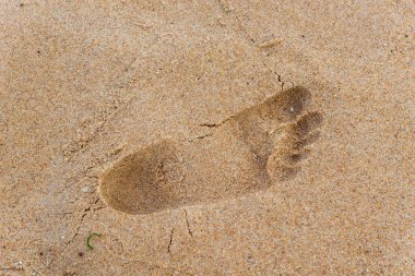 Ünlü Rio Vermelho plajının kahverengi kumlarında ayak izleri ve şekiller. Salvador, Bahia, Brezilya.