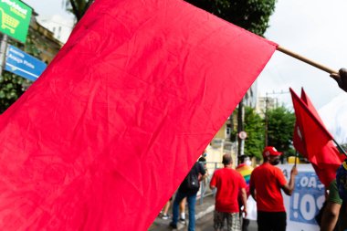 Salvador, Bahia, Brezilya - 3 Temmuz 2021: Brezilya Cumhurbaşkanı Jair Bolsonaro 'nun Salvador kentindeki hükümetini protesto etti.