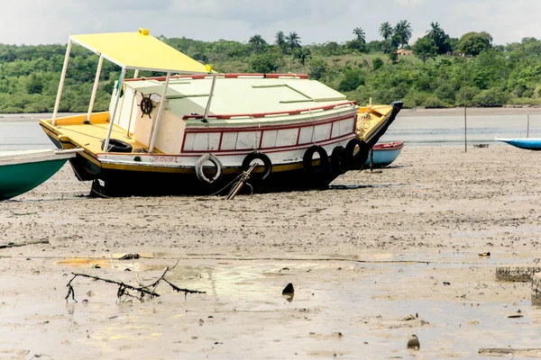 Canoas Barcos Ancorados Rio Esperando Maré Alta Para Pescar São — Fotografia de Stock