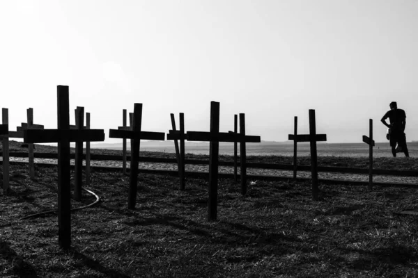 Croix Fixées Sur Sol Honneur Ceux Tués Par Covid Farol — Photo