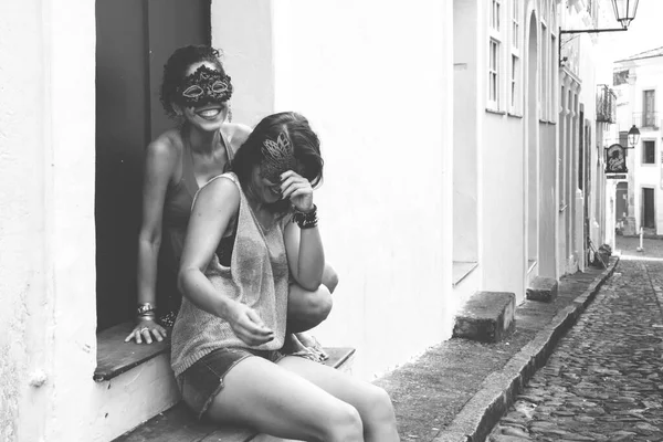 Portrait Deux Femmes Portant Masque Carnaval Venise Salvador Bahia Brésil — Photo