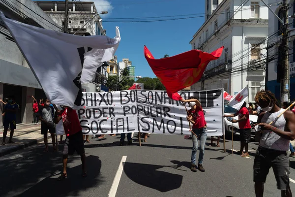Salvador Bahia Brazília 2021 Szeptember Brazilok Zászlókkal Plakátokkal Tüntetnek Jair — Stock Fotó