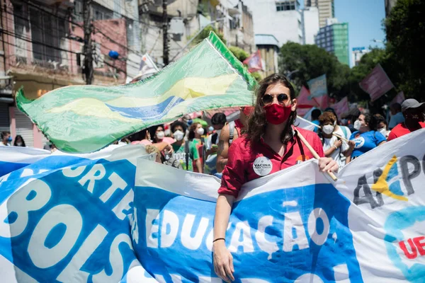 Salvador Bahia Brasil Setembro 2021 Brasileiros Protestam Com Bandeiras Cartazes — Fotografia de Stock