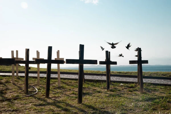 Cruces Fijadas Suelo Honor Los Asesinados Por Covidio Salvador Bahía —  Fotos de Stock