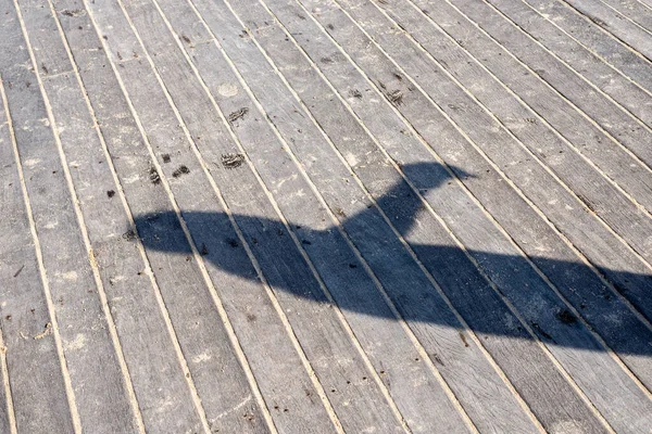 İskelenin ahşap zeminine yansıyan bir insanın gölgesi. Salvador, Bahia, Brezilya.