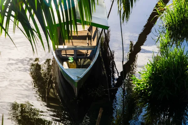 小船停靠在树间的河边 Nilo Pecanha 巴西巴伊亚州 — 图库照片