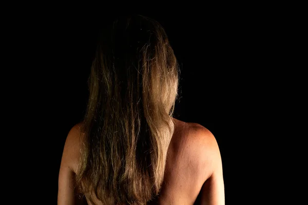 Woman Her Back Camera Black Background Studio Salvador Bahia Brazil — Stock Photo, Image