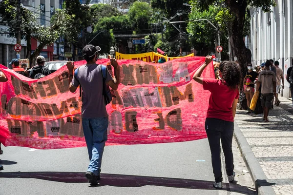 Salvador Bahia Brazil September 2021 Βραζιλιάνοι Διαμαρτύρονται Πανό Και Αφίσες — Φωτογραφία Αρχείου