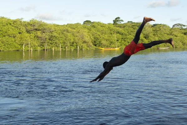 Aratuipe Bahia Brésil Février 2019 Des Jeunes Sautent Dans Rivière — Photo