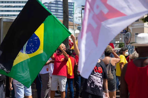 Salvador Bahia Brazília 2021 Október Brazilok Zászlókkal Plakátokkal Tüntetnek Jair — Stock Fotó