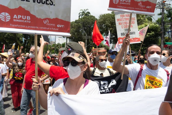 Salvador Bahia Brasil Outubro 2021 Brasileiros Protestam Com Bandeiras Cartazes — Fotografia de Stock