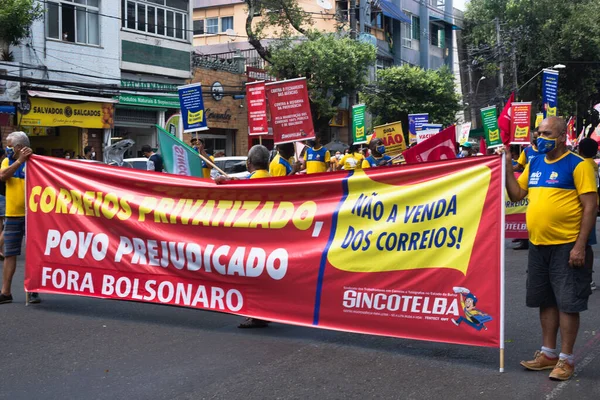 Salvador Bahia Brasil Outubro 2021 Brasileiros Protestam Com Bandeiras Cartazes — Fotografia de Stock