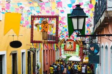 Salvador, Bahia, Brezilya - 22 Haziran 2019: Pillory Dekorasyonu, Sao Joao Festivali, Salvador Tarihi Merkezi, Bahia.