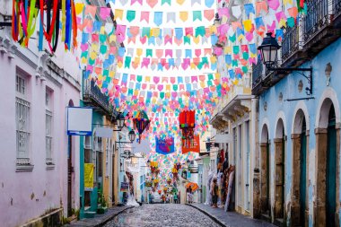 Salvador, Bahia, Brezilya - 20 Haziran 2019: Pillory Dekorasyonu, Sao Joao Festivali, Salvador Tarihi Merkezi, Bahia.