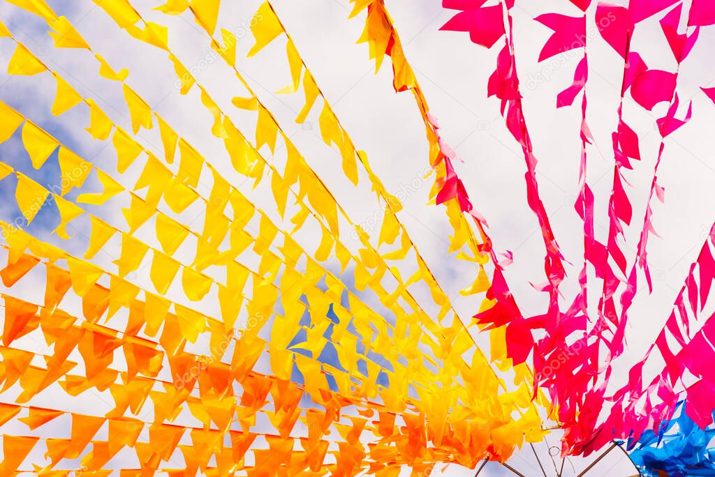 Colorful flags decorating the feast of Sao Joao in Pelourinho, Historic Center of Salvador, Bahia.