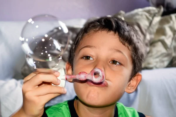 Portrait Child Blowing Soap Bubbles Salvador Bahia Brazil — Foto Stock