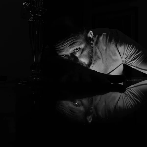 Black White Closeup Man Face Lying Glass Reflection Salvador Bahia — Zdjęcie stockowe