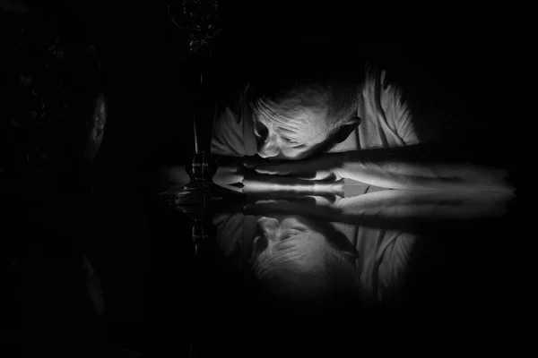 Black White Closeup Man Face Lying Glass Reflection Salvador Bahia — Zdjęcie stockowe