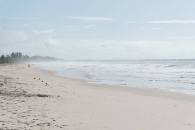 Berrak ve yoğun kum bulutlu mavi gökyüzüne karşı ve Brezilya 'nın Bahia kentindeki Guaibim plajında güçlü güneş..