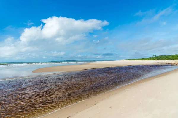 Meeting of the sea and the river on the deserted beach against blue sky with clouds. Praia do Guaibim, coast of the sea of Bahia, Brazil