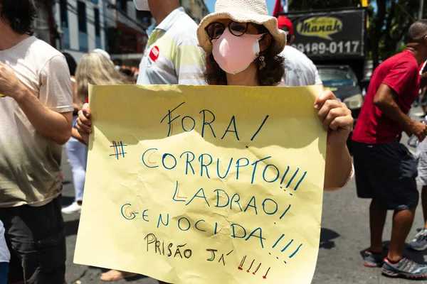 Salvador Bahia Brasil Outubro 2021 Protestante Carrega Cartaz Durante Manifestação — Fotografia de Stock