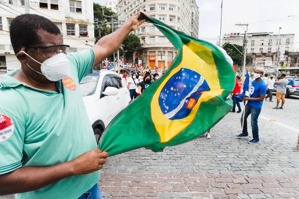 Salvador Bahia Brazil October 2021 Protester Carries Flag Demonstration President — 스톡 사진