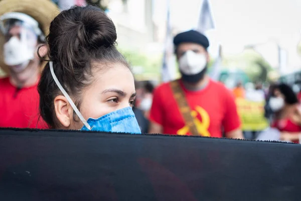 Salvador Bahia Brazil October 2021 Protester Carries Banner Demonstration President — Foto Stock