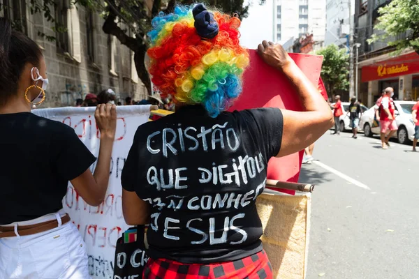 Salvador Bahia Brazílie Října 2021 Protester Kráčí Gestikuluje Výkřiky Během — Stock fotografie