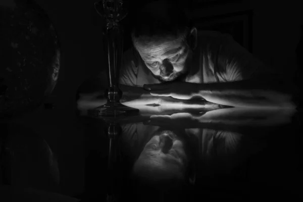 Black White Closeup Man Face Lying Glass Reflection Salvador Bahia — Zdjęcie stockowe