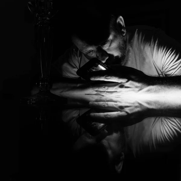 Black White Closeup Man Face Lying Glass Reflection Salvador Bahia — Zdjęcie stockowe